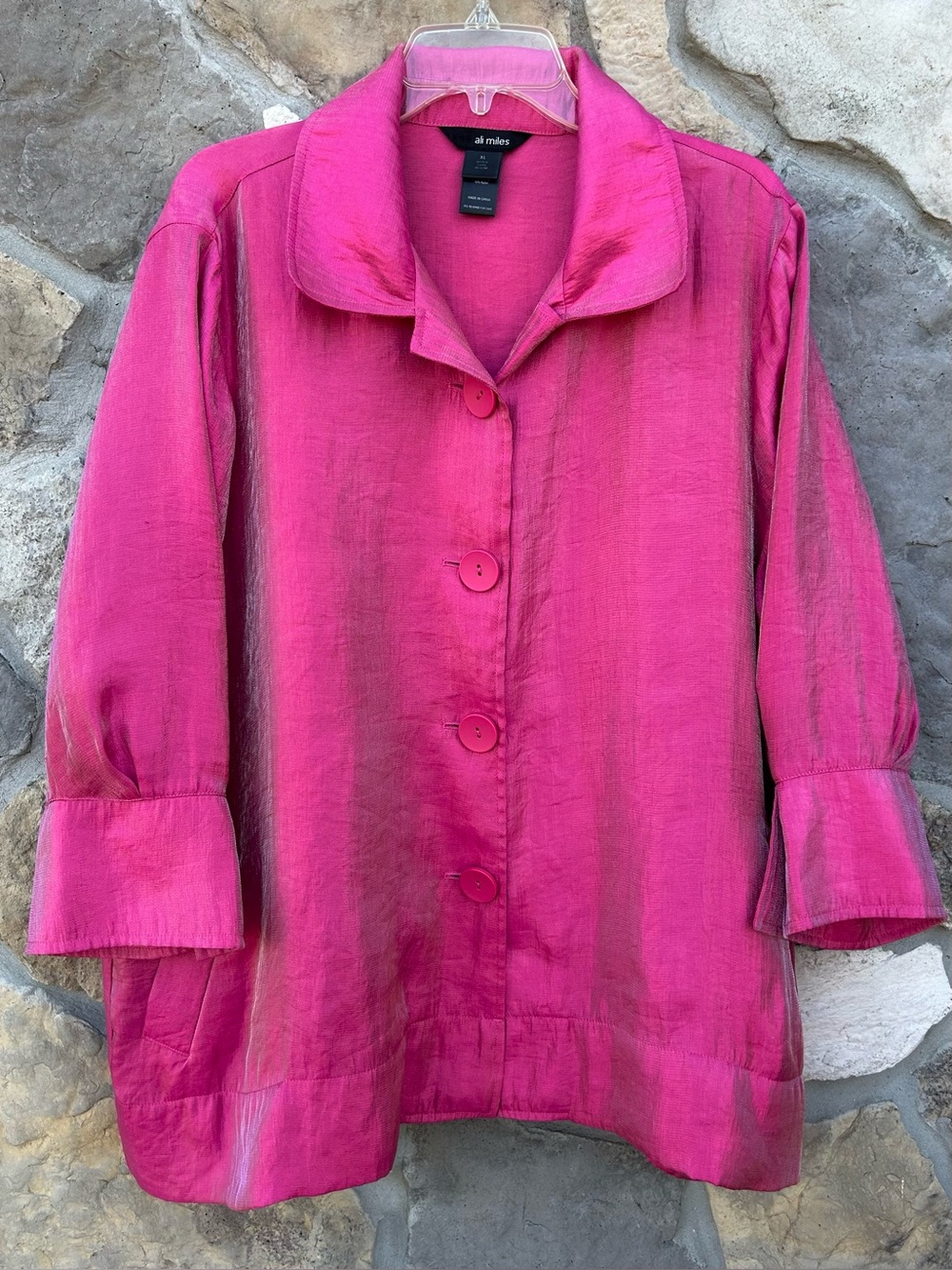 Ali Miles Blouse Top Size XL Pink Shiny Sheen Fabric Elevated Basic Button Up